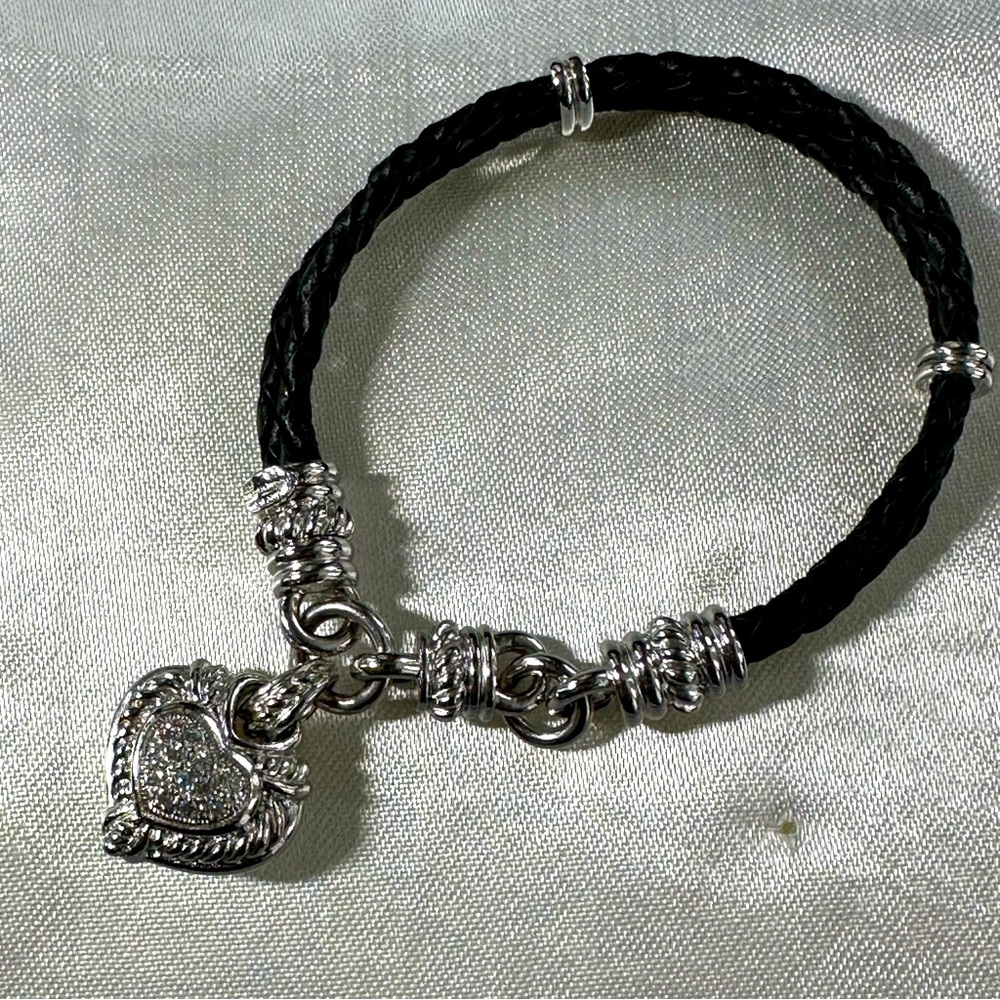 Judith Ripka Leather Sterling 925 Heart with Diamonique CZ Bracelet  7”